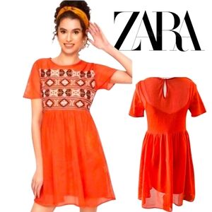 Zara Bright Orange Short Sleeve Embroidered Bodice Mini Dress Slip Lining Sz SM